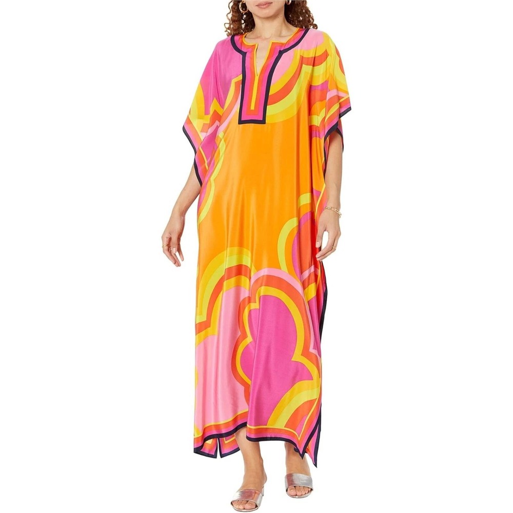 Trina Turk Theodora Maxi Dress Women XS/S Pink Orange Silk Caftan Retro Mod